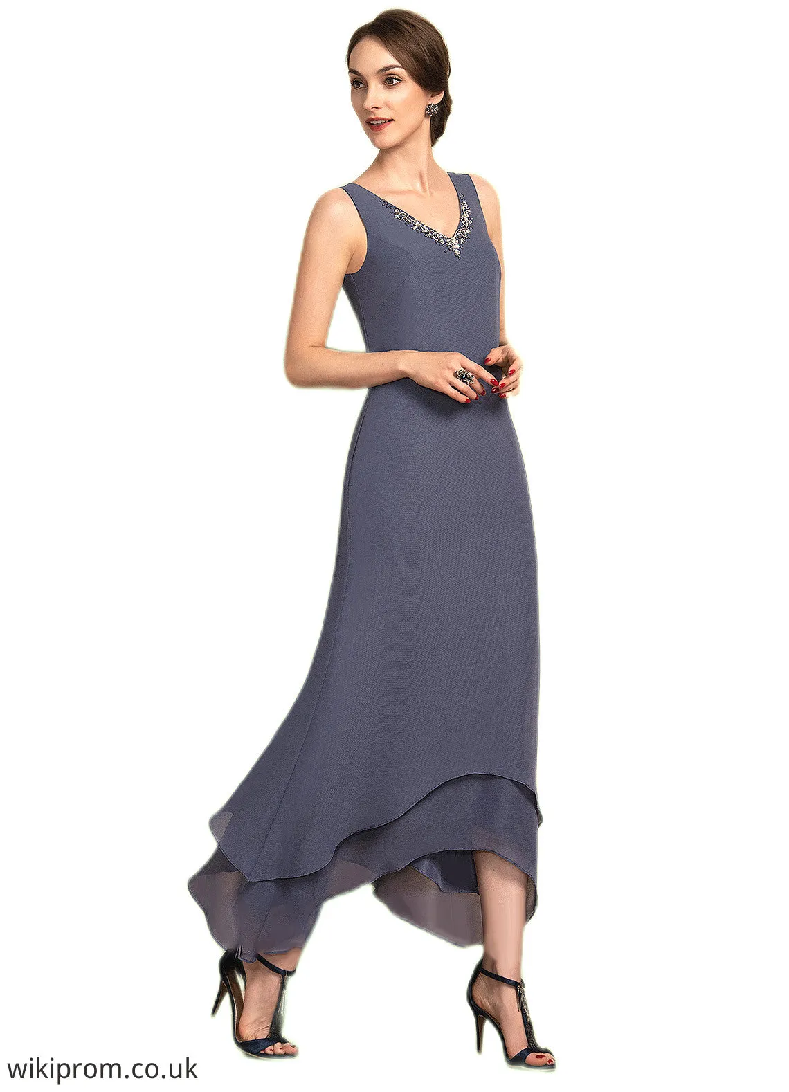 Scarlett A-line V-Neck Ankle-Length Chiffon Mother of the Bride Dress With Beading SWK126P0014655