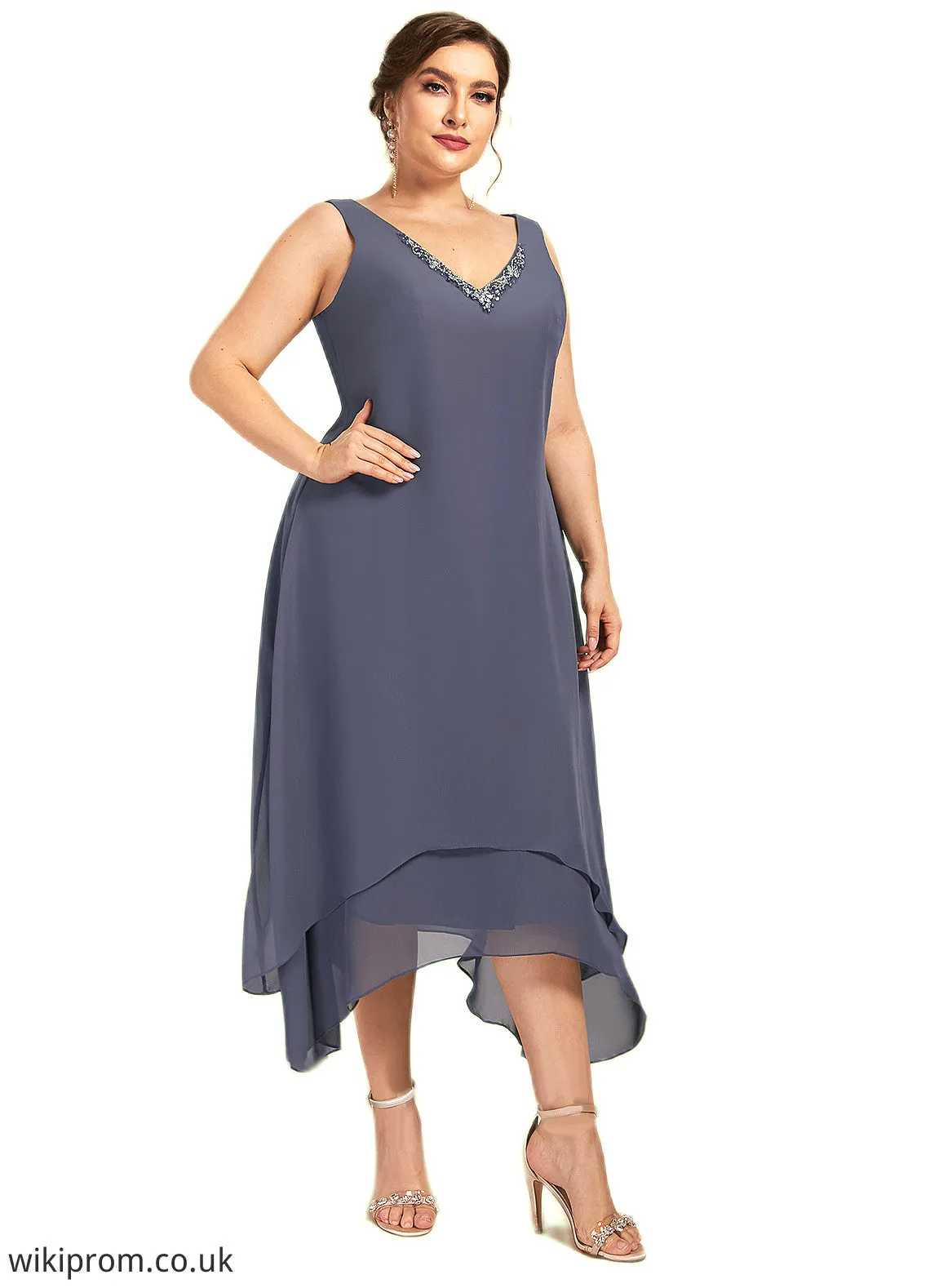 Scarlett A-line V-Neck Ankle-Length Chiffon Mother of the Bride Dress With Beading SWK126P0014655