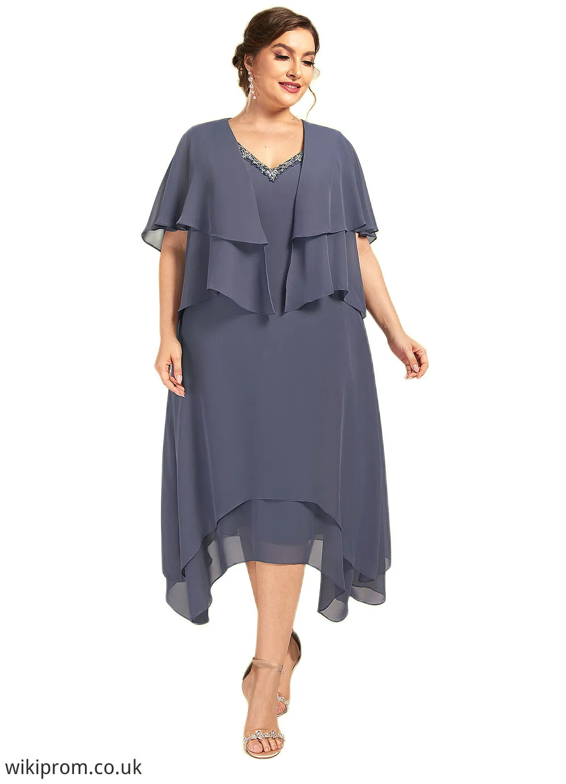 Scarlett A-line V-Neck Ankle-Length Chiffon Mother of the Bride Dress With Beading SWK126P0014655