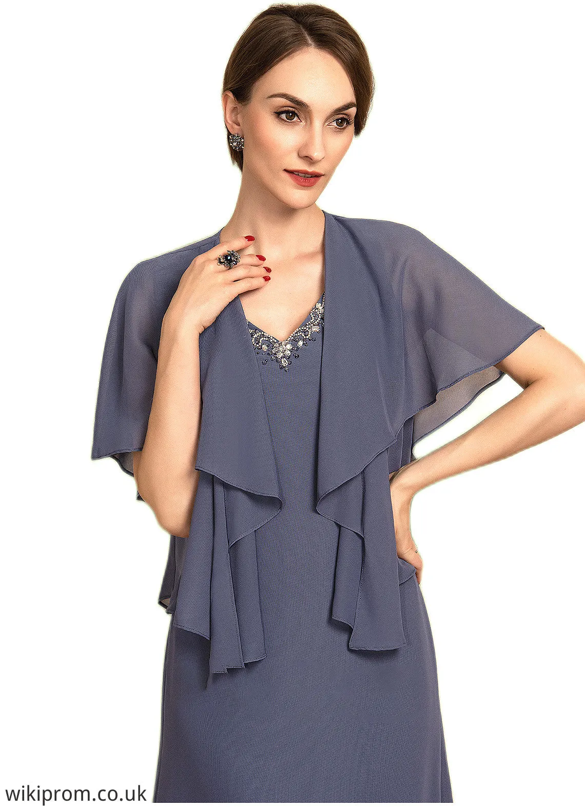 Scarlett A-line V-Neck Ankle-Length Chiffon Mother of the Bride Dress With Beading SWK126P0014655