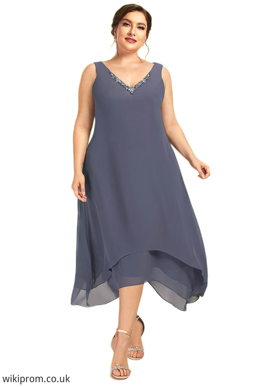 Scarlett A-line V-Neck Ankle-Length Chiffon Mother of the Bride Dress With Beading SWK126P0014655