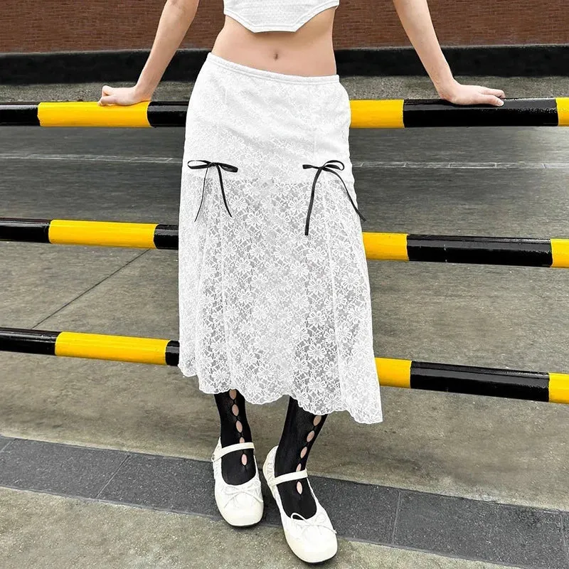 See Bows Color Summer Fashion New Through Solid Hot Lace Skirt