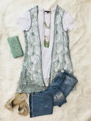 Sheer Floral Kimono: Sage