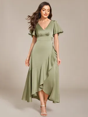 Short Sleeve Ruffled V-Neck Satin Midi Bridesmaid Dress