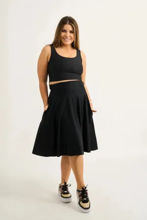 Silky Narrow Waisted Midi Skater Skirt W/ Pockets - Black