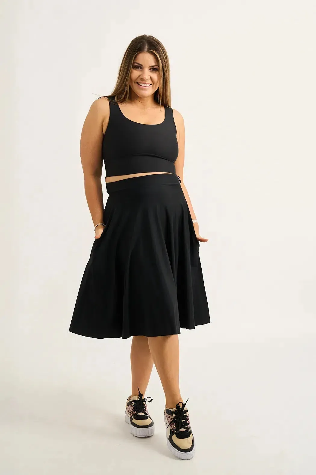 Silky Narrow Waisted Midi Skater Skirt W/ Pockets - Black
