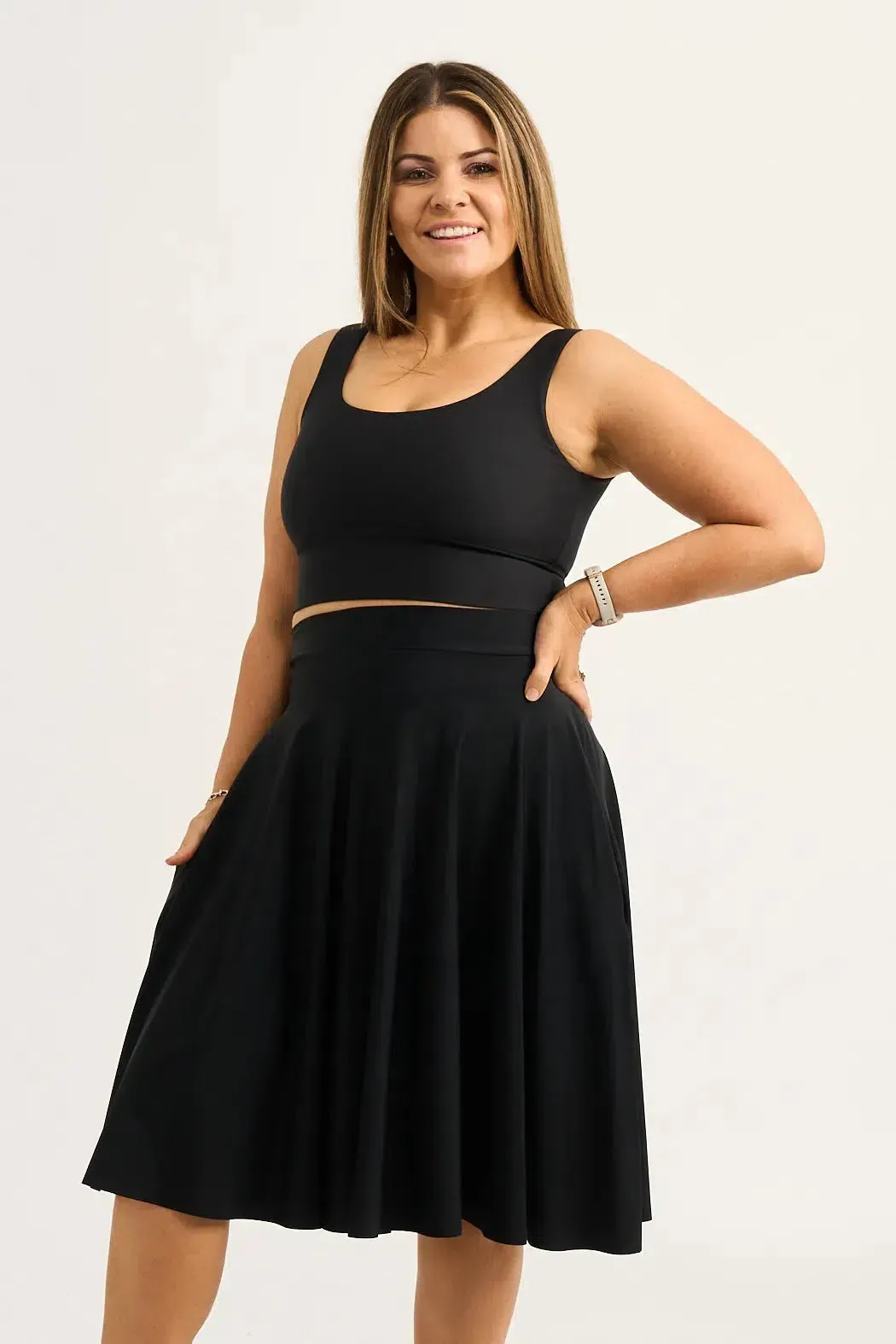 Silky Narrow Waisted Midi Skater Skirt W/ Pockets - Black