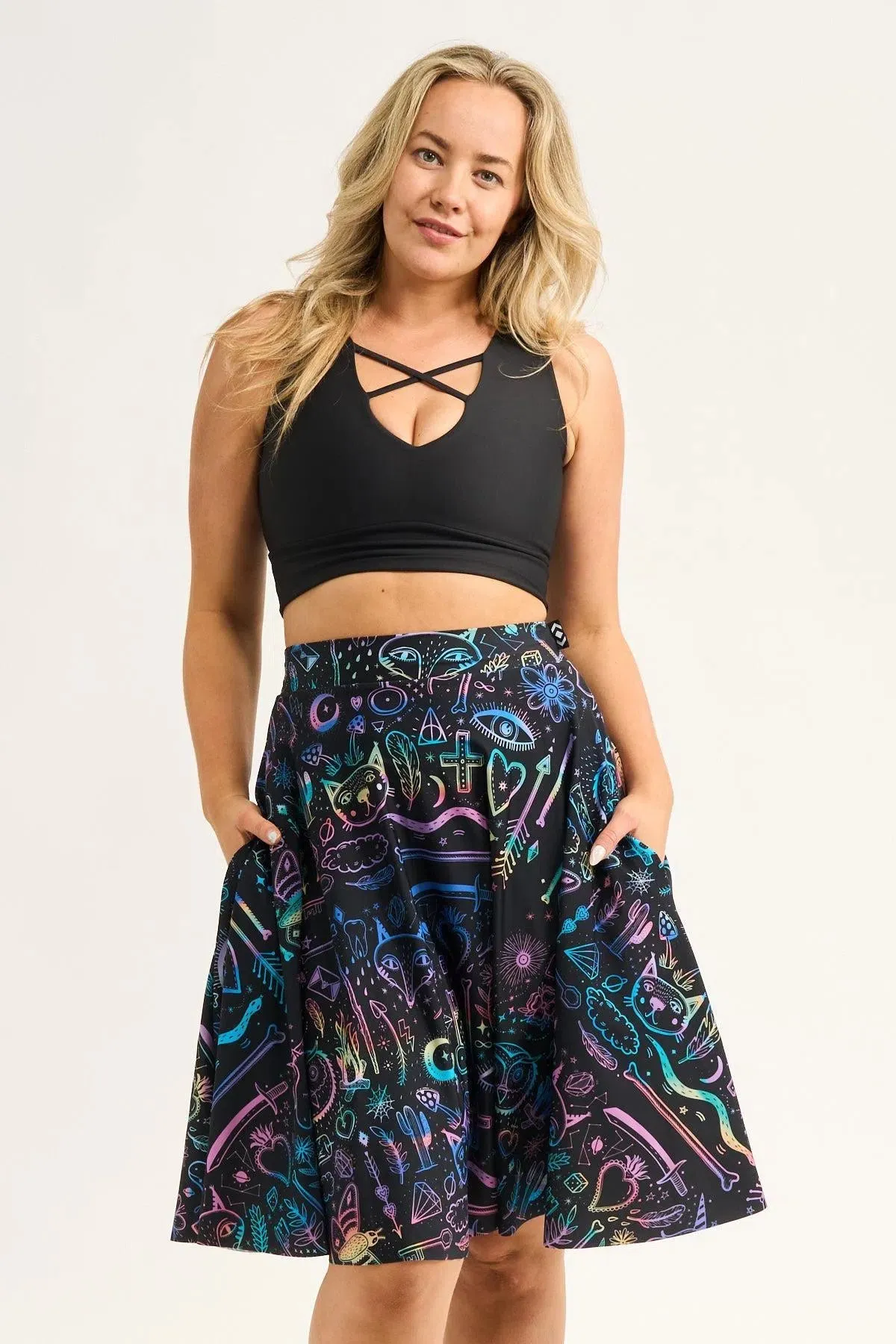 Silky Narrow Waisted Midi Skater Skirt W/ Pockets - Scratchboard Spellz