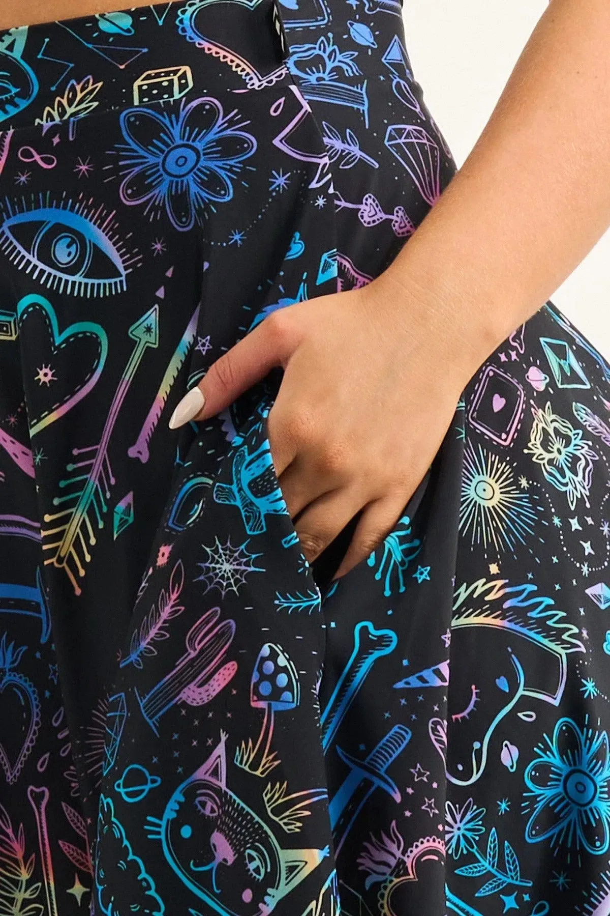 Silky Narrow Waisted Midi Skater Skirt W/ Pockets - Scratchboard Spellz