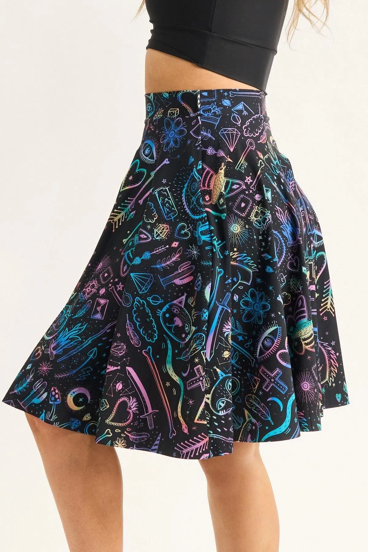 Silky Narrow Waisted Midi Skater Skirt W/ Pockets - Scratchboard Spellz