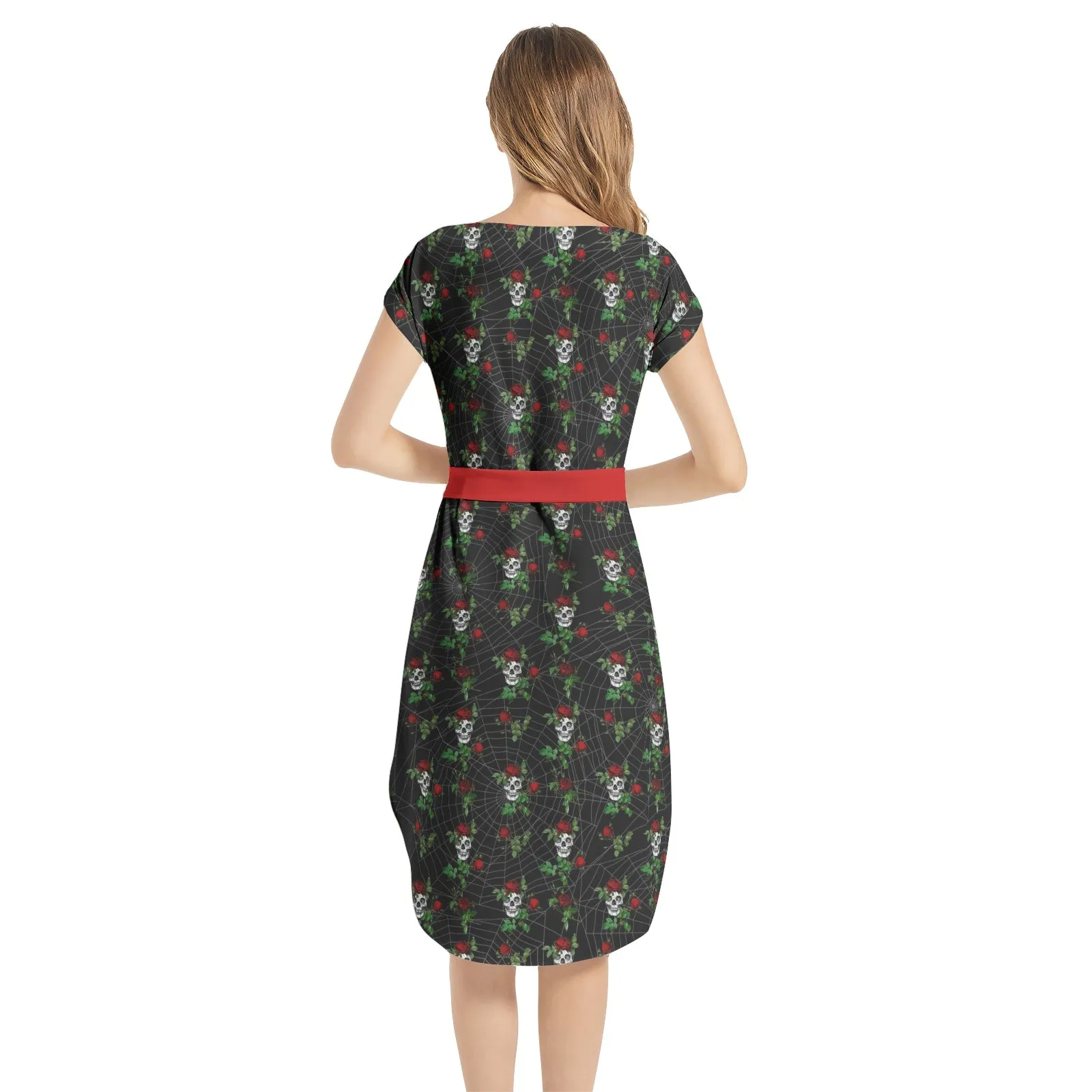 Skulls and Roses Notched Neck Belted Dress