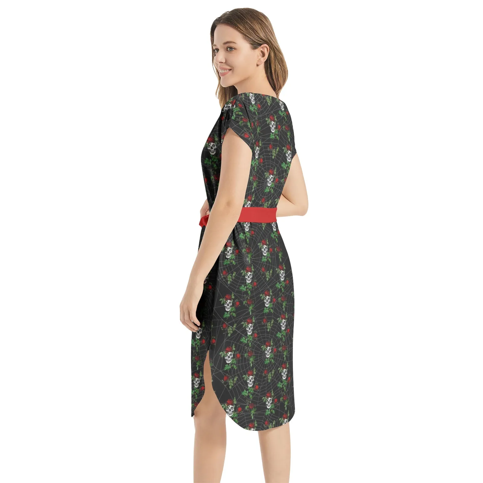 Skulls and Roses Notched Neck Belted Dress