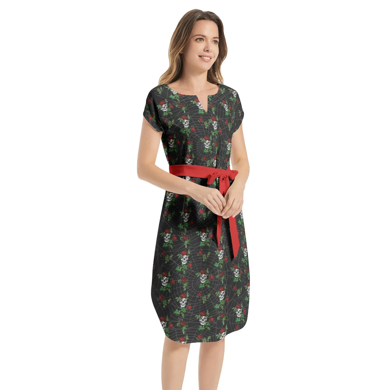 Skulls and Roses Notched Neck Belted Dress