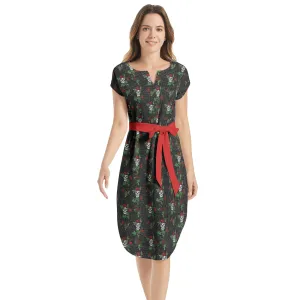 Skulls and Roses Notched Neck Belted Dress
