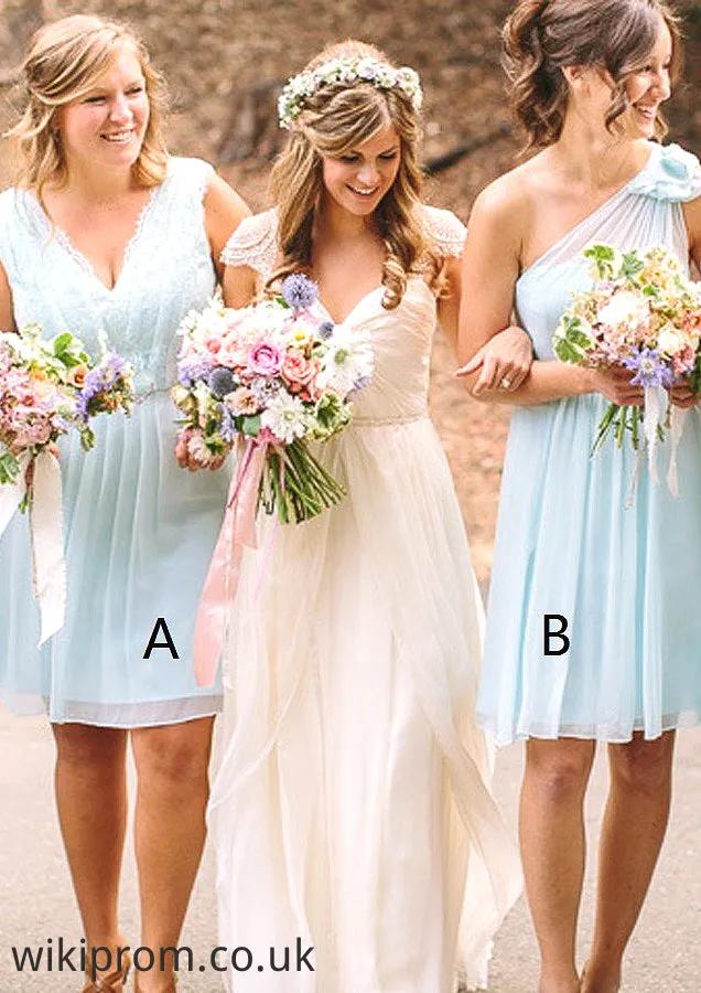 Sleeveless V Neck Knee-Length Chiffon A-line/Princess Bridesmaid Dresseses With Lace Melody SWKP0025587