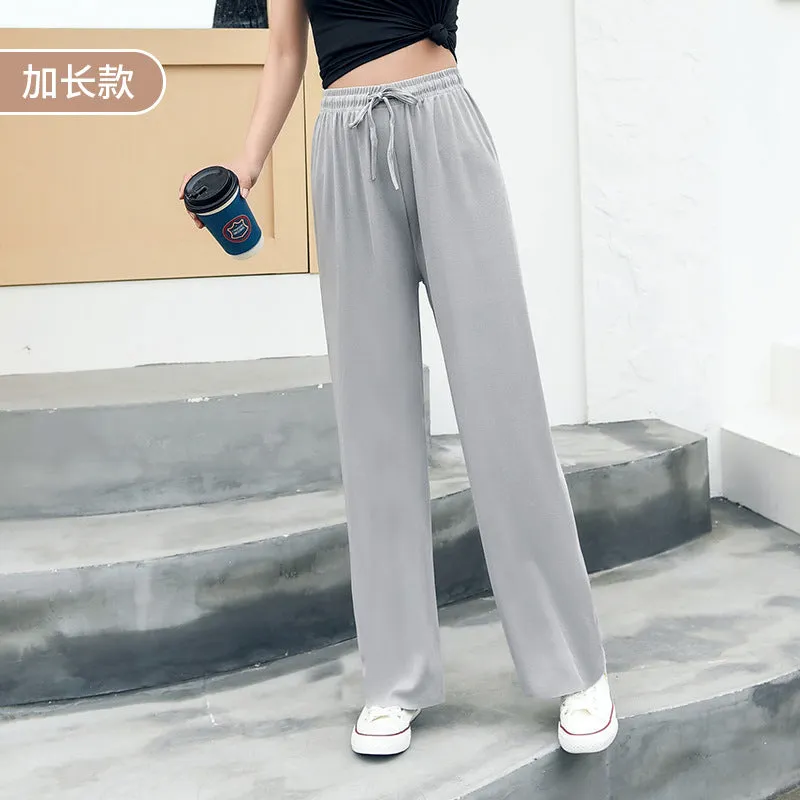 Summer Wide Leg Culottes Korean High Waist Loose Thin Ice Silk Drape Straight Casual Women Pants