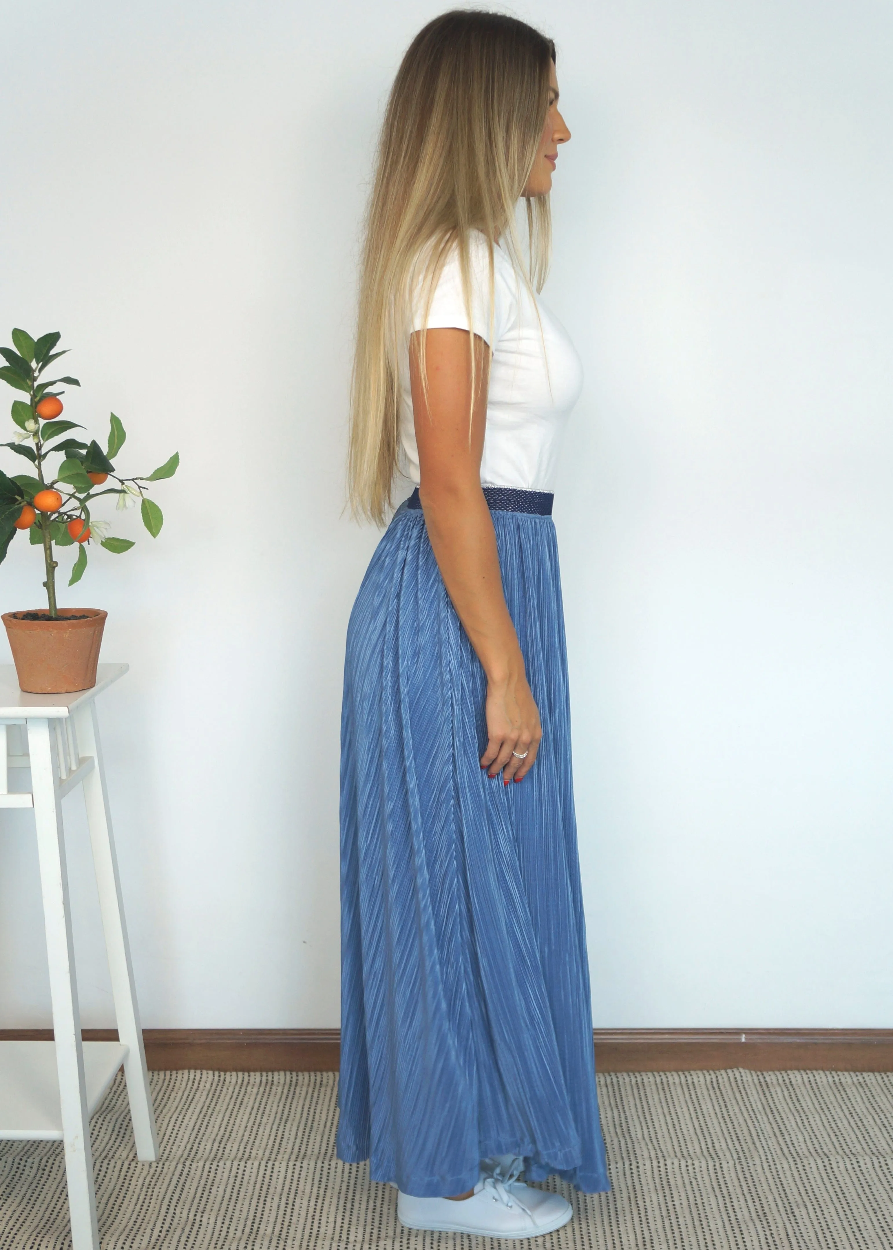 The Pleated Maxi Skirt - Slate Blue Pleats