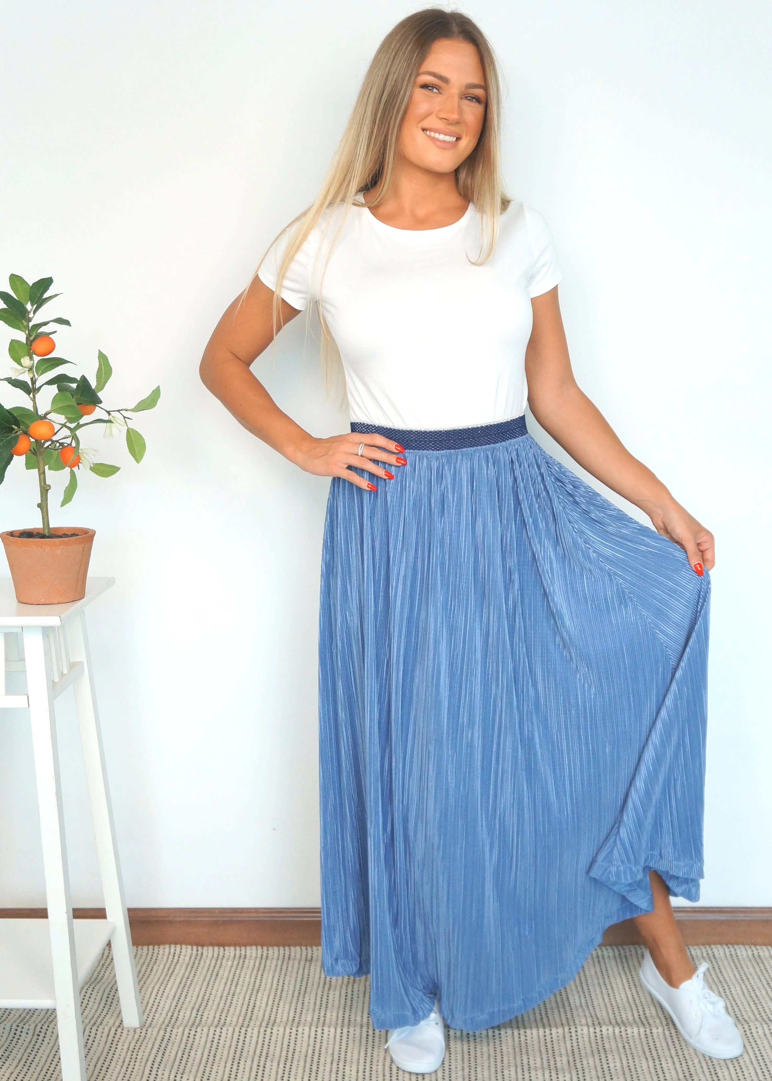 The Pleated Maxi Skirt - Slate Blue Pleats