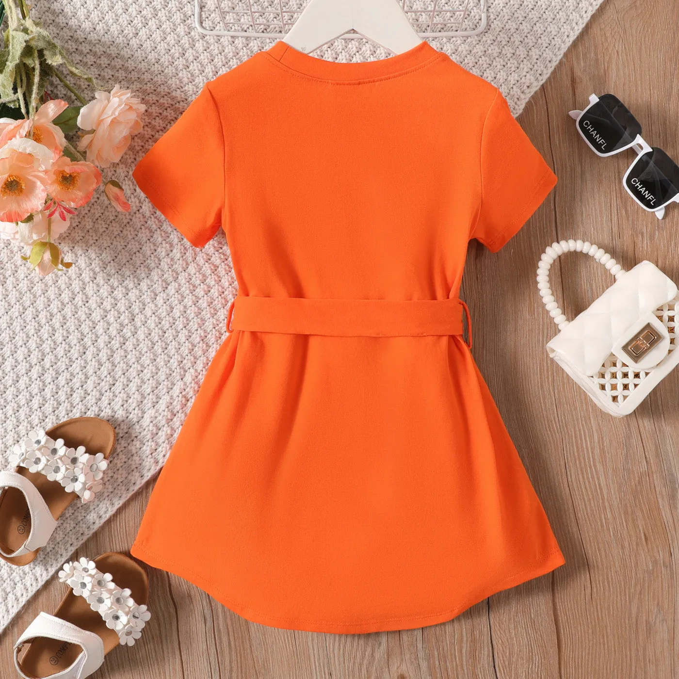 Toddler Girl Solid Curved Hem Short-sleeve Belted Dress