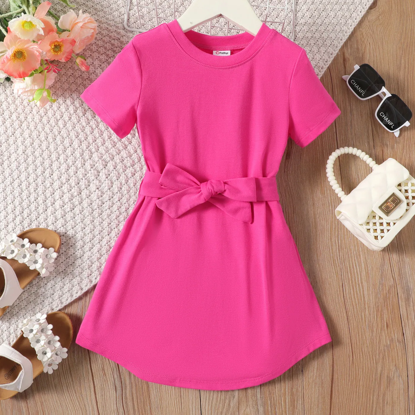 Toddler Girl Solid Curved Hem Short-sleeve Belted Dress