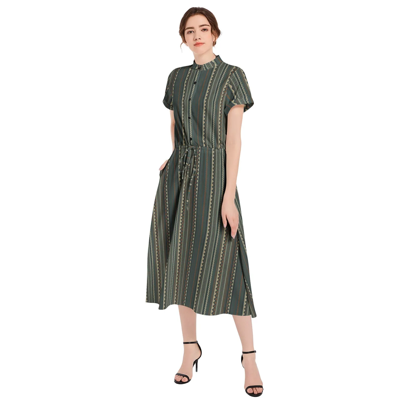 Tribal Storm Drawstring Waist A-line Flared Midi Dress