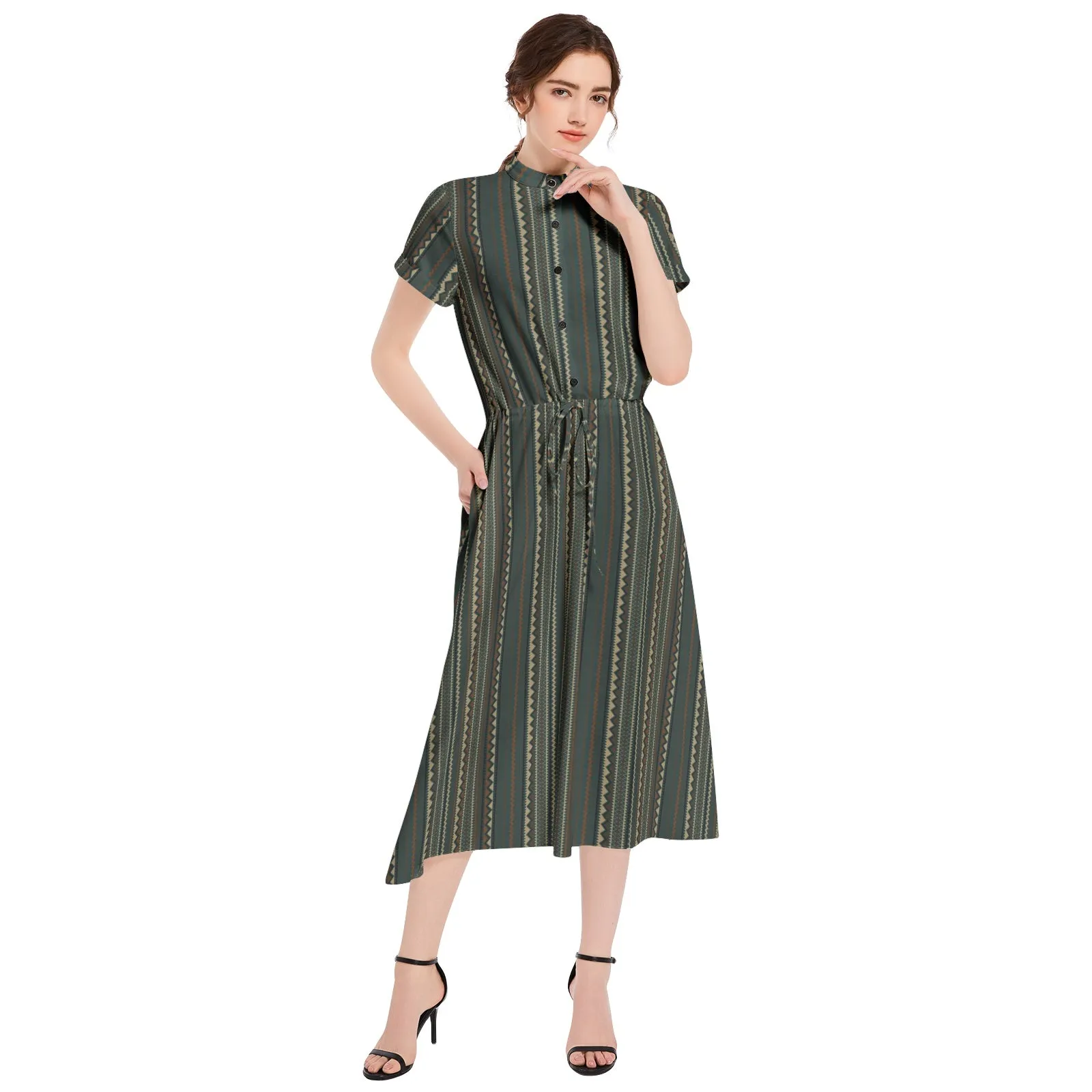 Tribal Storm Drawstring Waist A-line Flared Midi Dress