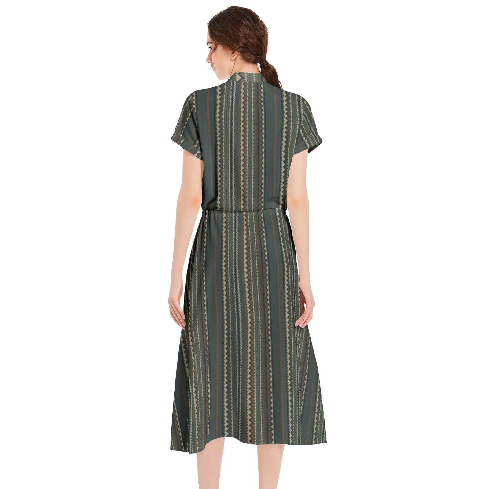 Tribal Storm Drawstring Waist A-line Flared Midi Dress