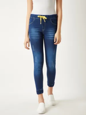 Women's Navy Blue Relaxed Fit Mid Rise Clean Look Scraping Detail Ankle Length Denim Joggers