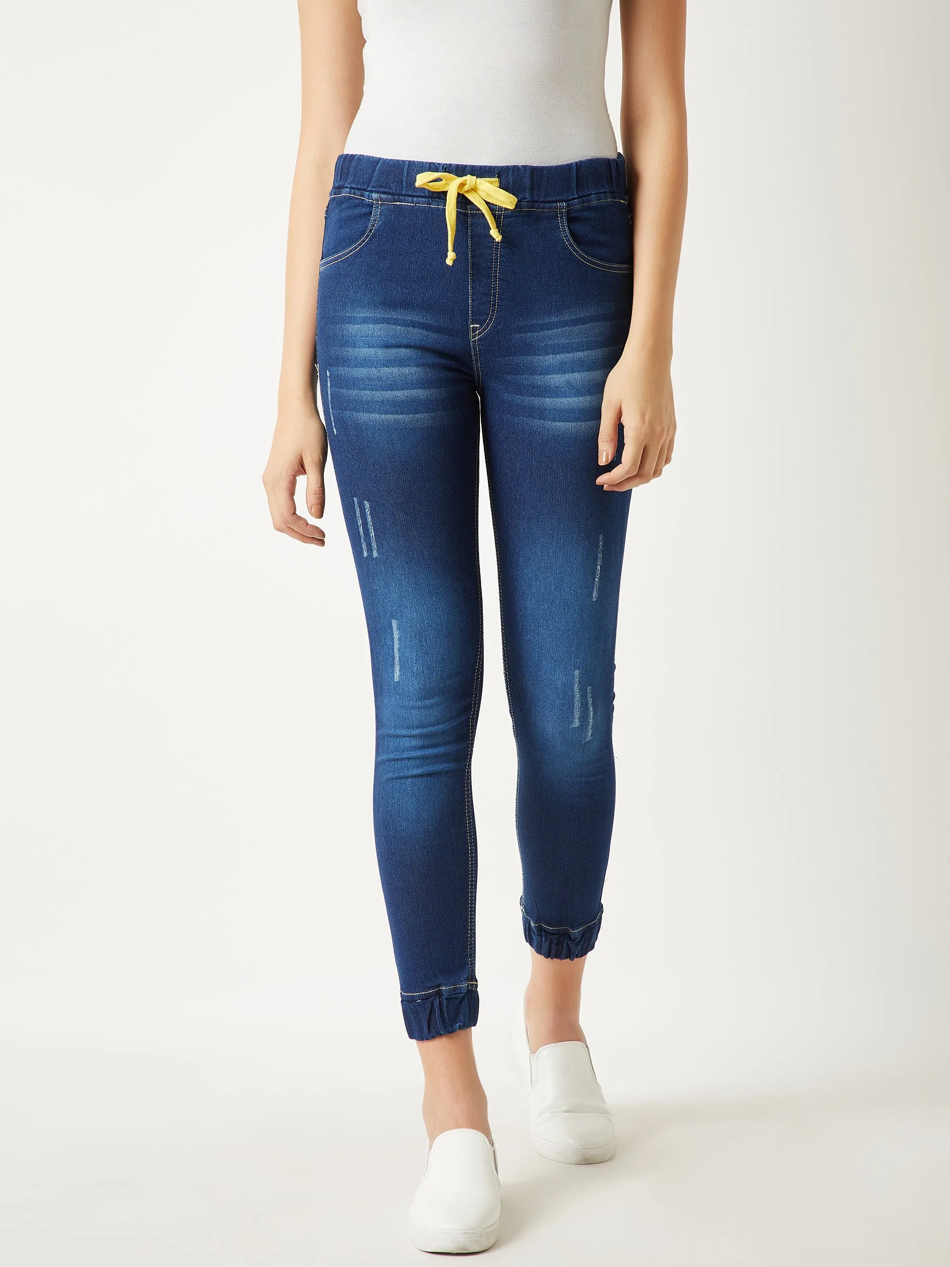 Women's Navy Blue Relaxed Fit Mid Rise Clean Look Scraping Detail Ankle Length Denim Joggers