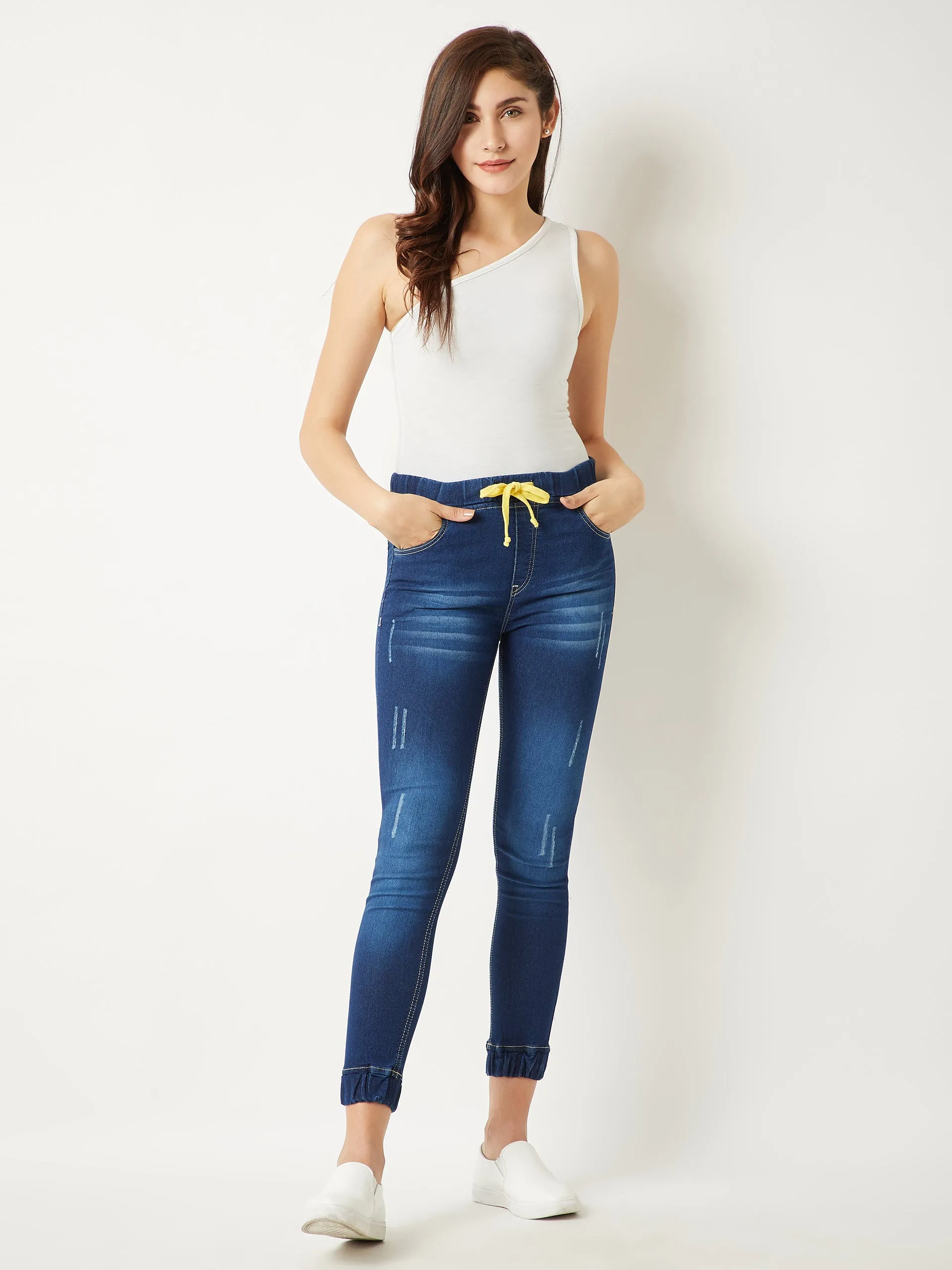 Women's Navy Blue Relaxed Fit Mid Rise Clean Look Scraping Detail Ankle Length Denim Joggers