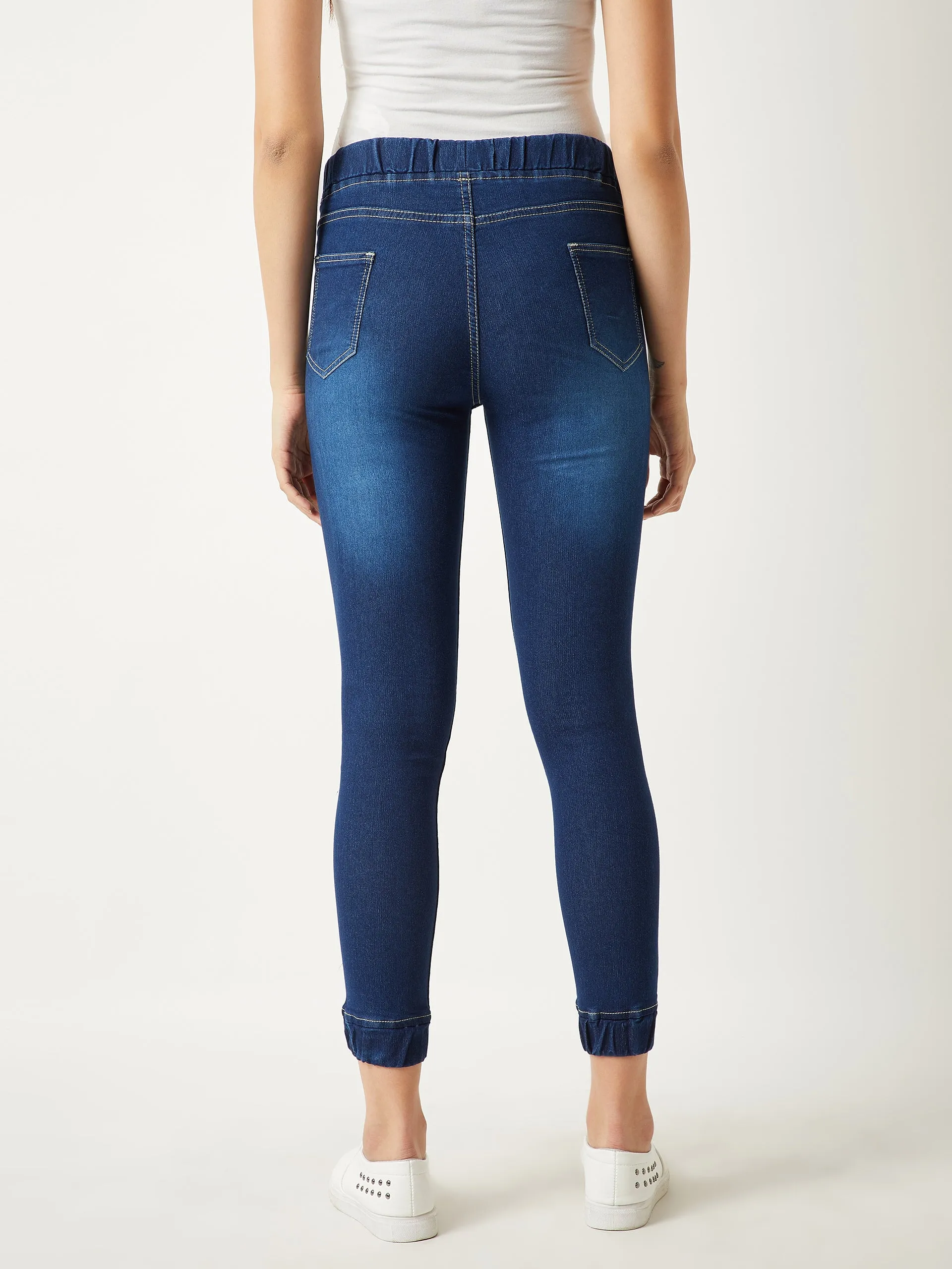 Women's Navy Blue Relaxed Fit Mid Rise Clean Look Scraping Detail Ankle Length Denim Joggers