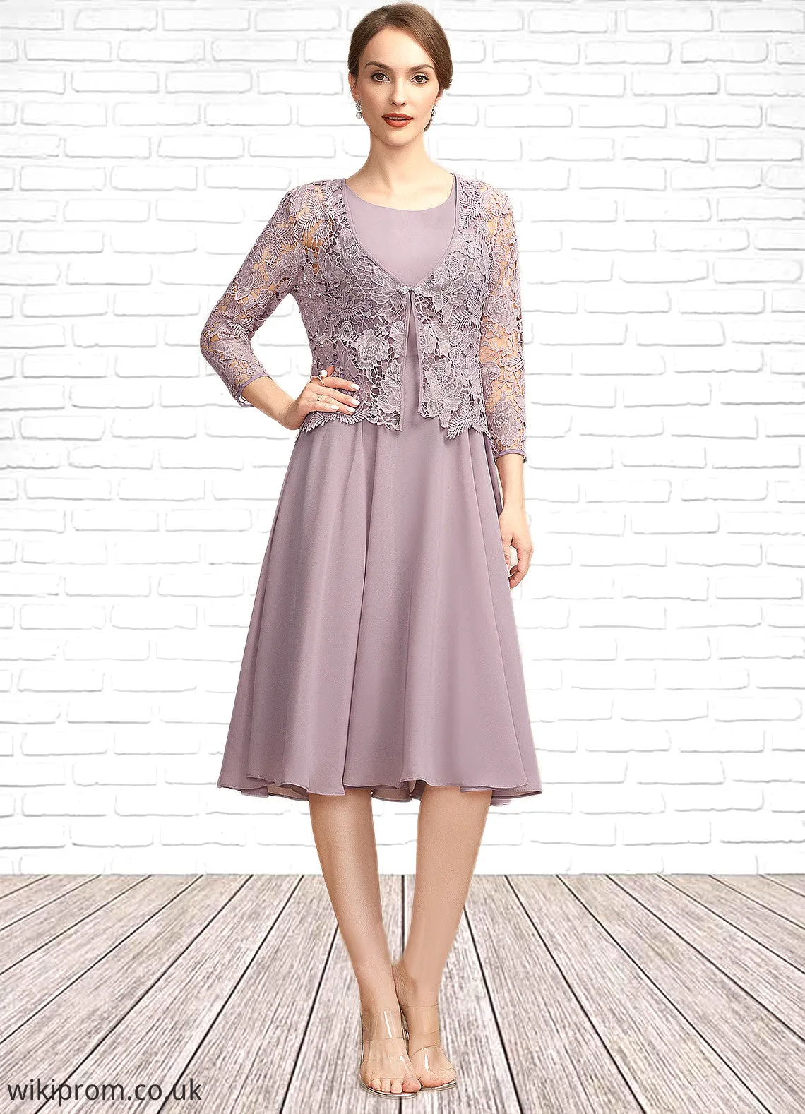 Yasmin A-Line Square Neckline Knee-Length Chiffon Mother of the Bride Dress SWK126P0014940