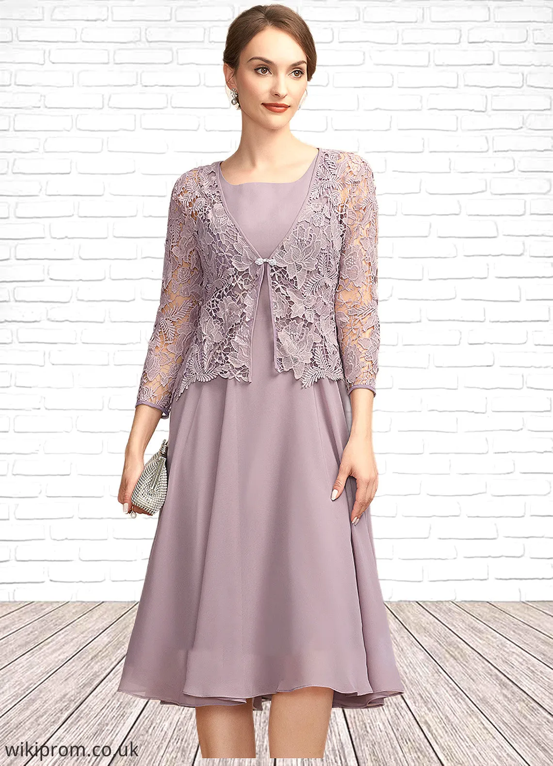 Yasmin A-Line Square Neckline Knee-Length Chiffon Mother of the Bride Dress SWK126P0014940