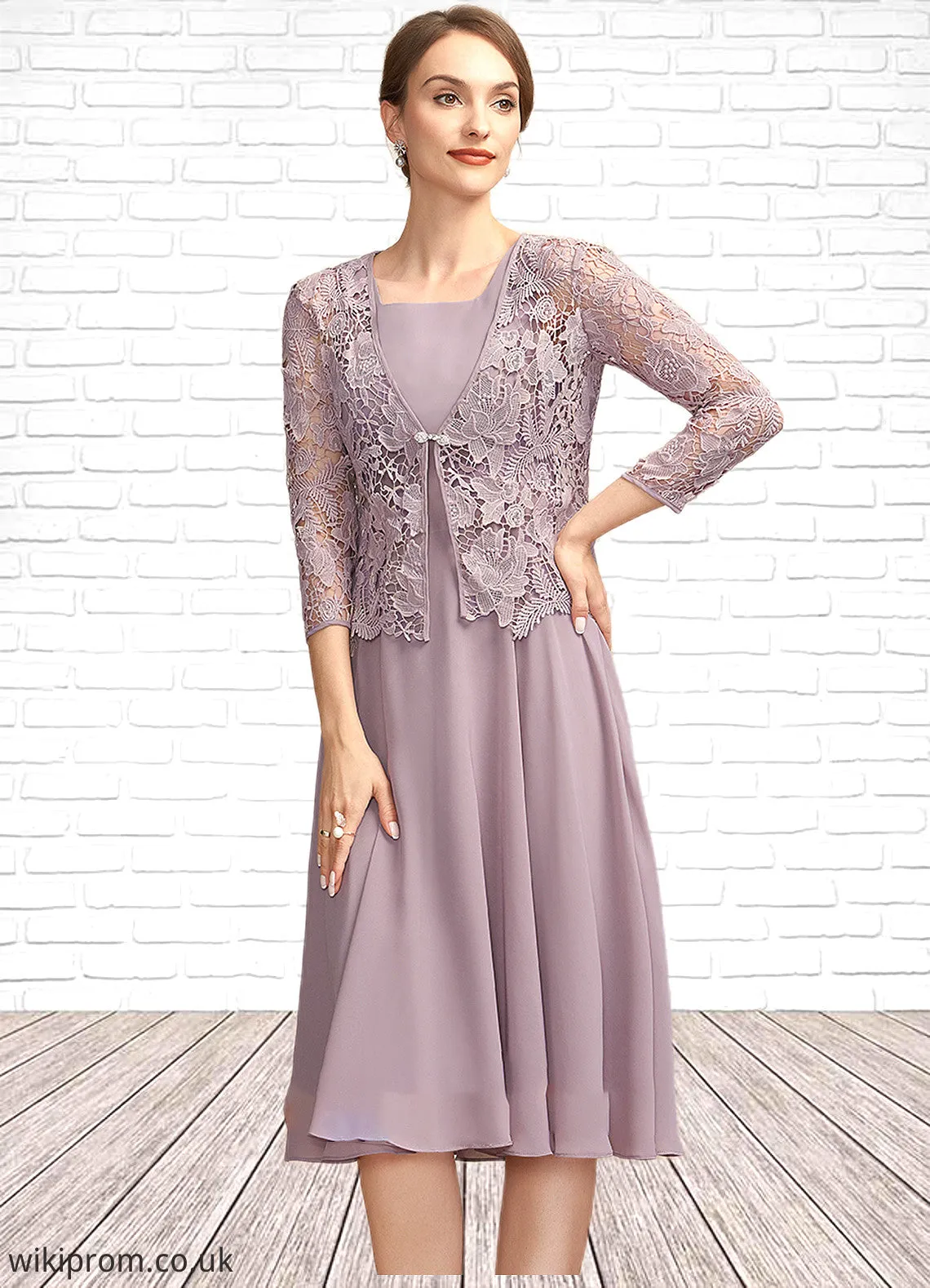 Yasmin A-Line Square Neckline Knee-Length Chiffon Mother of the Bride Dress SWK126P0014940