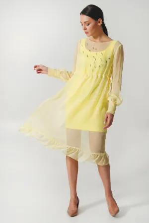 Yellow pencil dress with the see through overlay