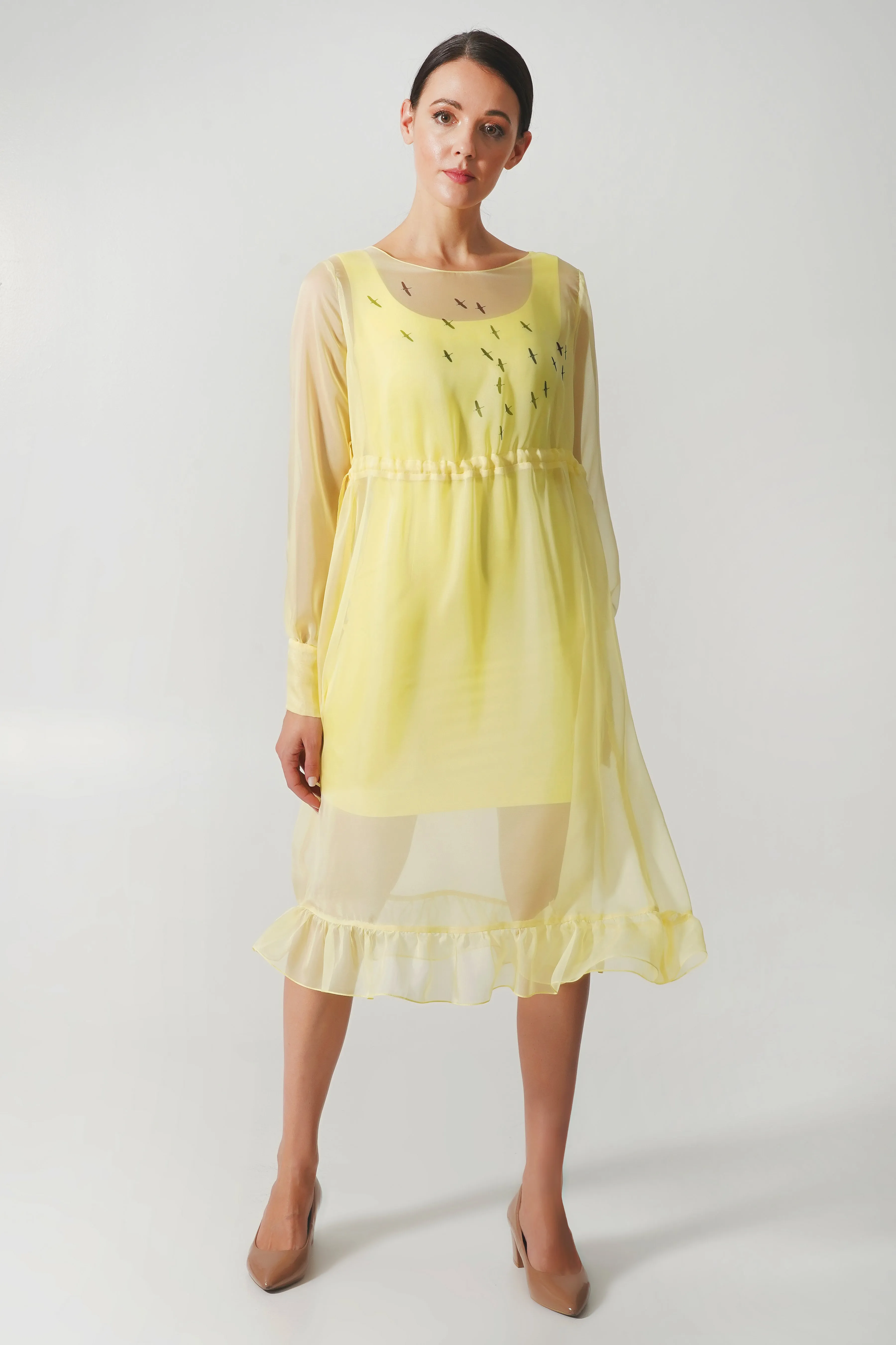 Yellow pencil dress with the see through overlay