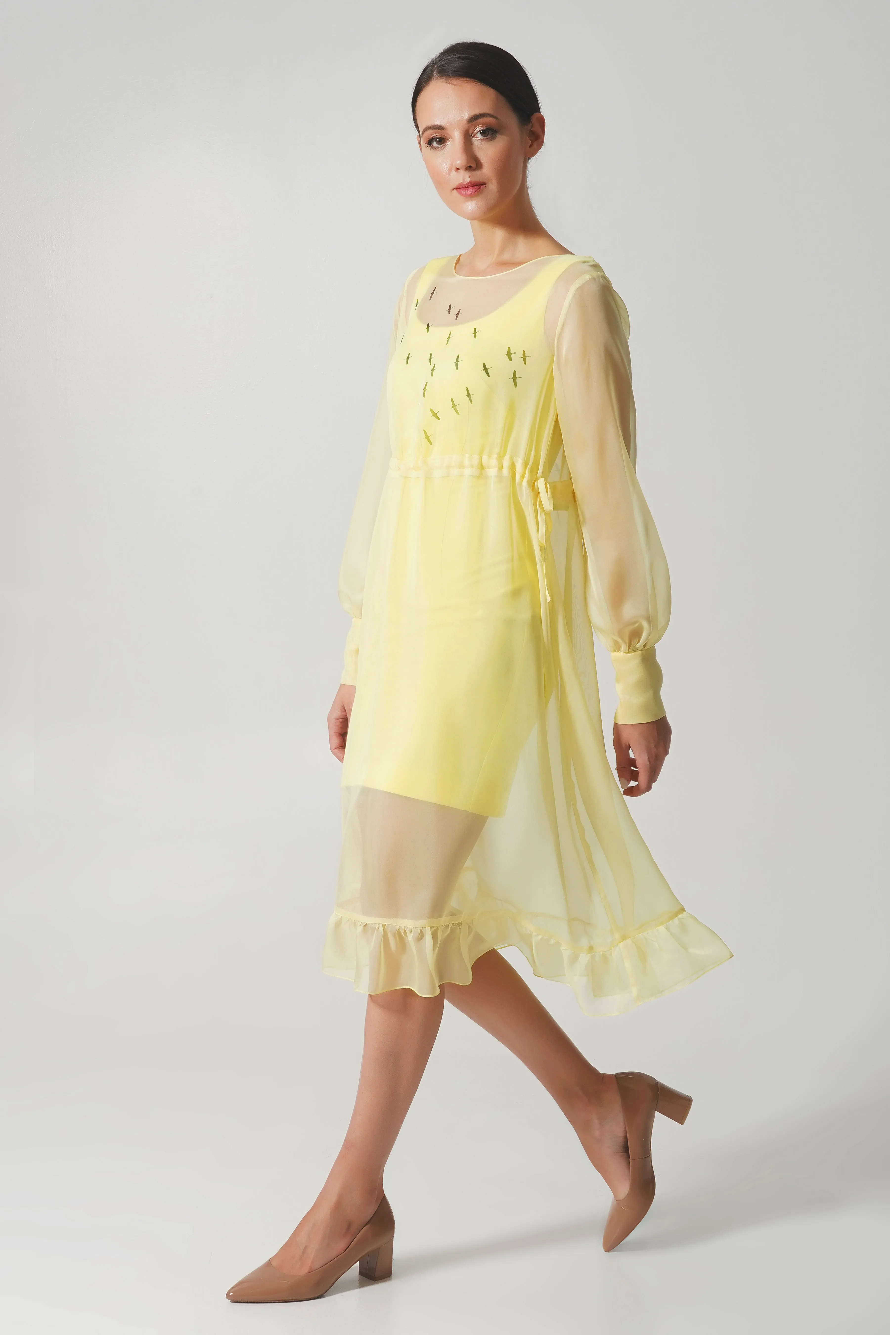 Yellow pencil dress with the see through overlay