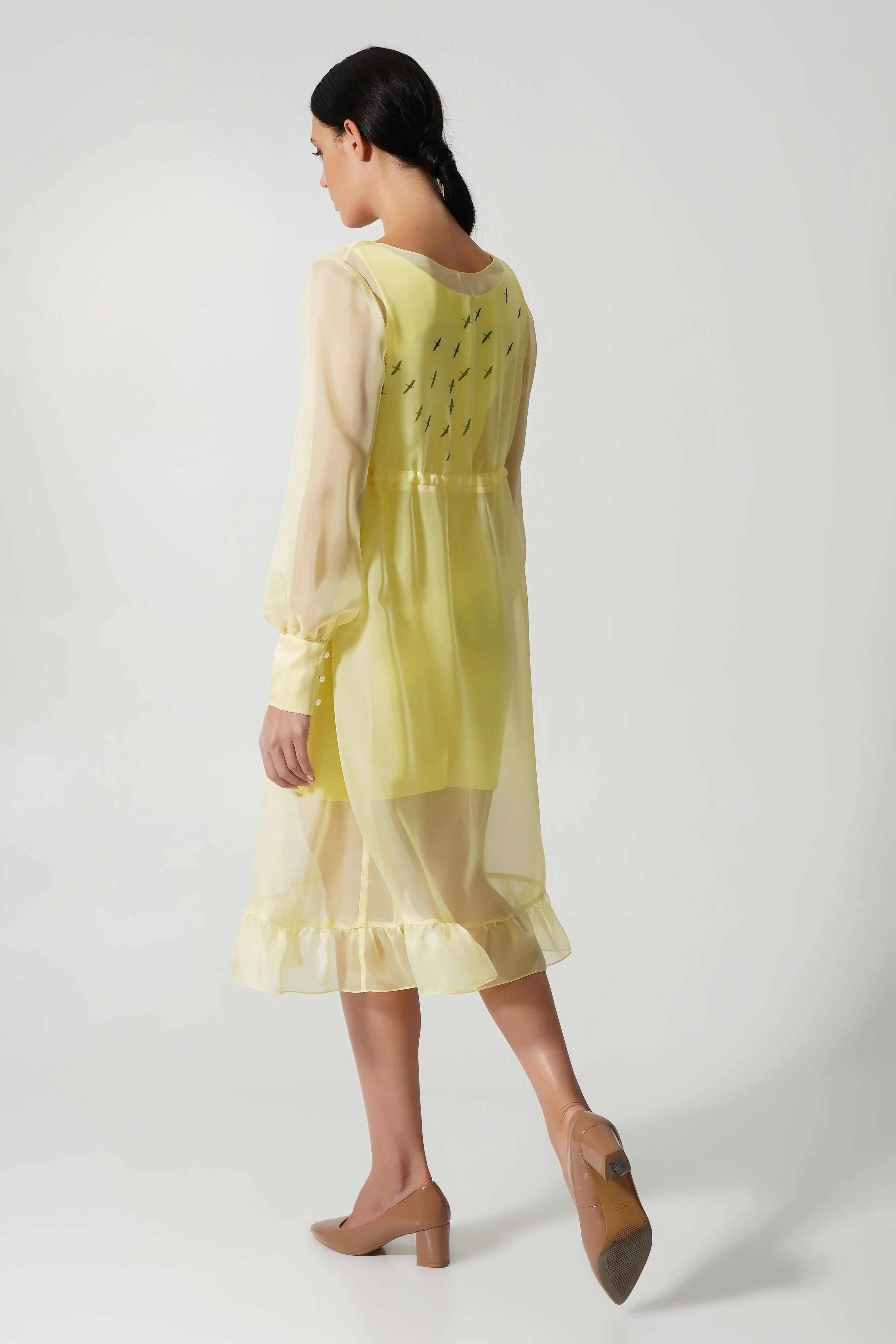 Yellow pencil dress with the see through overlay